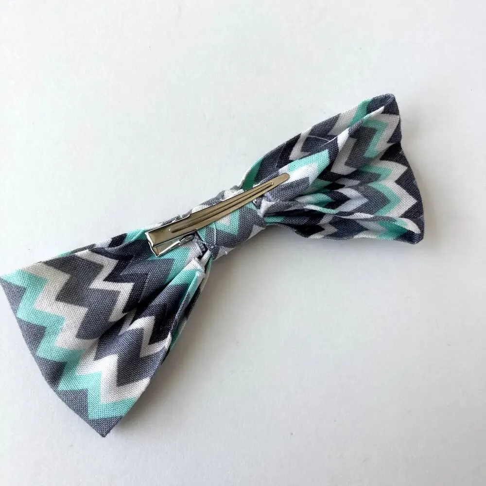 Handmade Baby Toddler Bowtie - Chevron - Aqua Grey White